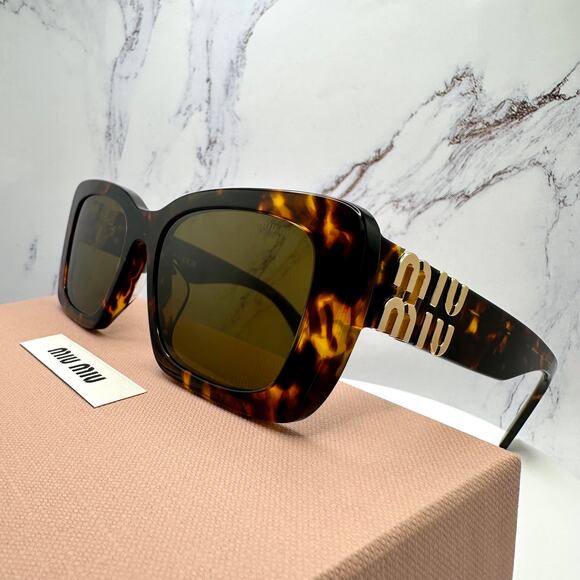 New MIU MIU Sunglasses Brown Tortoise Acetate Gold Metal Logo Italy Authentic - Picture 10 of 16